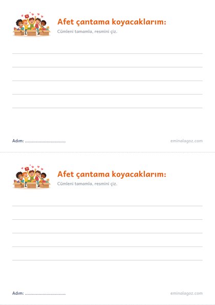 Afet Eğitimi Hazırlık Günü — Öğrenci kartı: "Afet çantama koyacaklarım:"