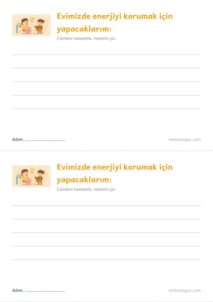 Enerji Tasarrufu Haftası — Öğrenci kartı: "Evimizde enerjiyi korumak için yapacaklarım:"