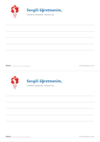 24 Kasım Öğretmenler Günü — Teşekkür kartı: "Sevgili öğretmenim,"