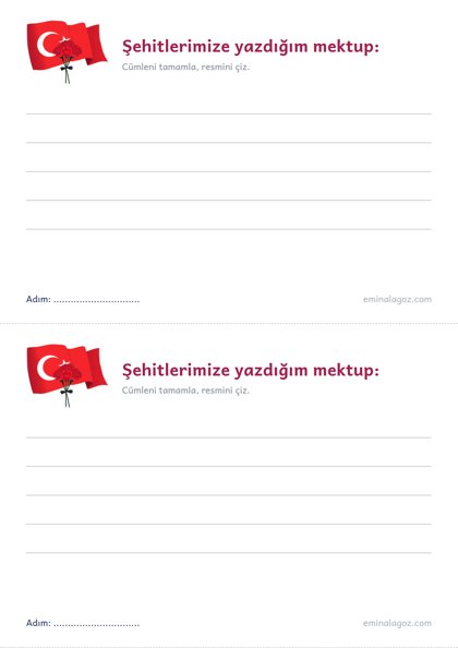 18 Mart Şehitler Günü ve Çanakkale Zaferi — Öğrenci kartı: "Şehitlerimize yazdığım mektup:"