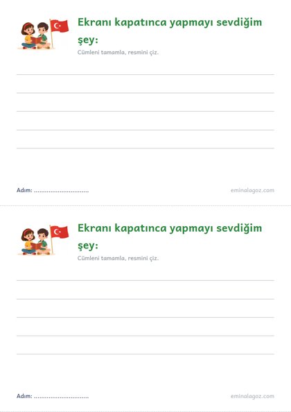 Yeşilay Haftası — Öğrenci kartı: "Ekranı kapatınca yapmayı sevdiğim şey:"