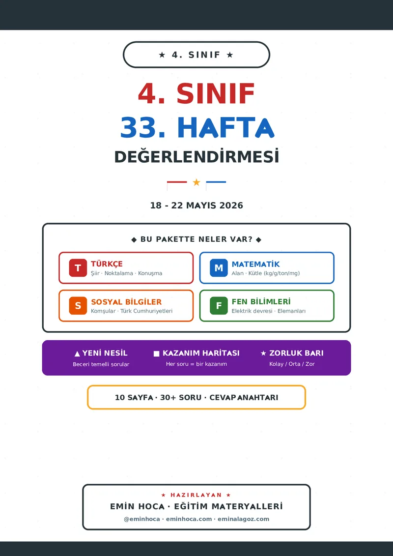 🎯 4. Sınıf 33. Hafta Haftalık Değerlendirme | Türkçe-Matematik-Sosyal-Fen | Yeni Nesil Sorular + Cevap Anahtarı | 10 Sayfa önizleme