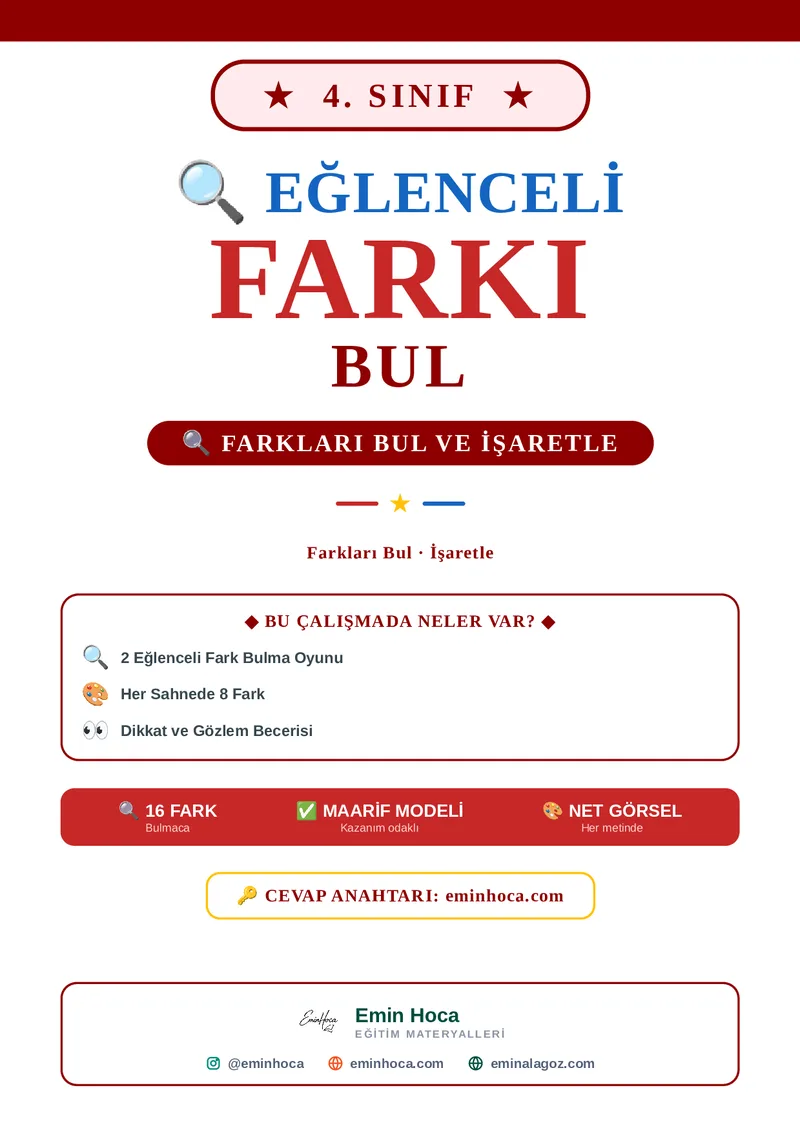 4. Sınıf Farkı Bul Etkinliği | İki Resim Arasındaki Farkları Bul PDF (Maarif Modeli) — CEVAP ANAHTARI indir önizleme