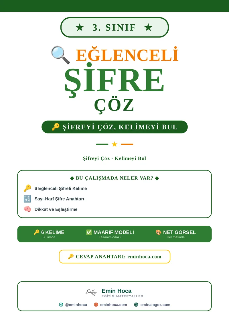 3. Sınıf Şifre Çöz Etkinliği | Tam Alfabe Sayı-Harf Şifreli Kelimeler PDF İndir önizleme