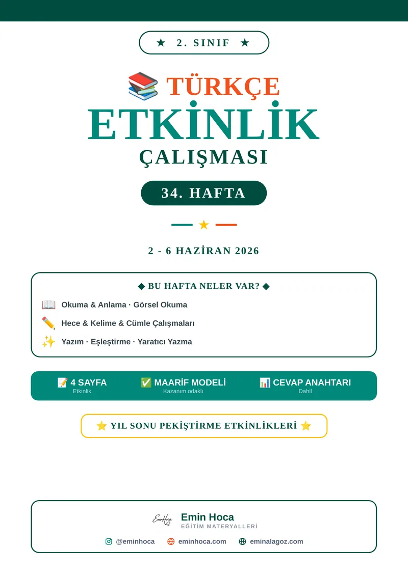 2. Sınıf Türkçe 34. Hafta Etkinlikleri | Yıl Sonu Pekiştirme PDF (Maarif Modeli, Cevap Anahtarlı) önizleme