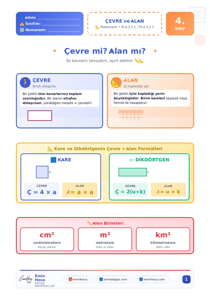 4. SINIF MATEMATİK ÇEVRE VE ALAN HESAPLAMA KONU ANLATIMI VE ÇALIŞMA KAĞIDI PDF İNDİR önizleme