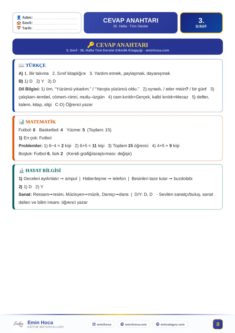 3. Sınıf 35. Hafta Tüm Dersler Etkinlik Kitapçığı (Maarif Modeli) PDF CEVAP ANAHTARI İndir önizleme