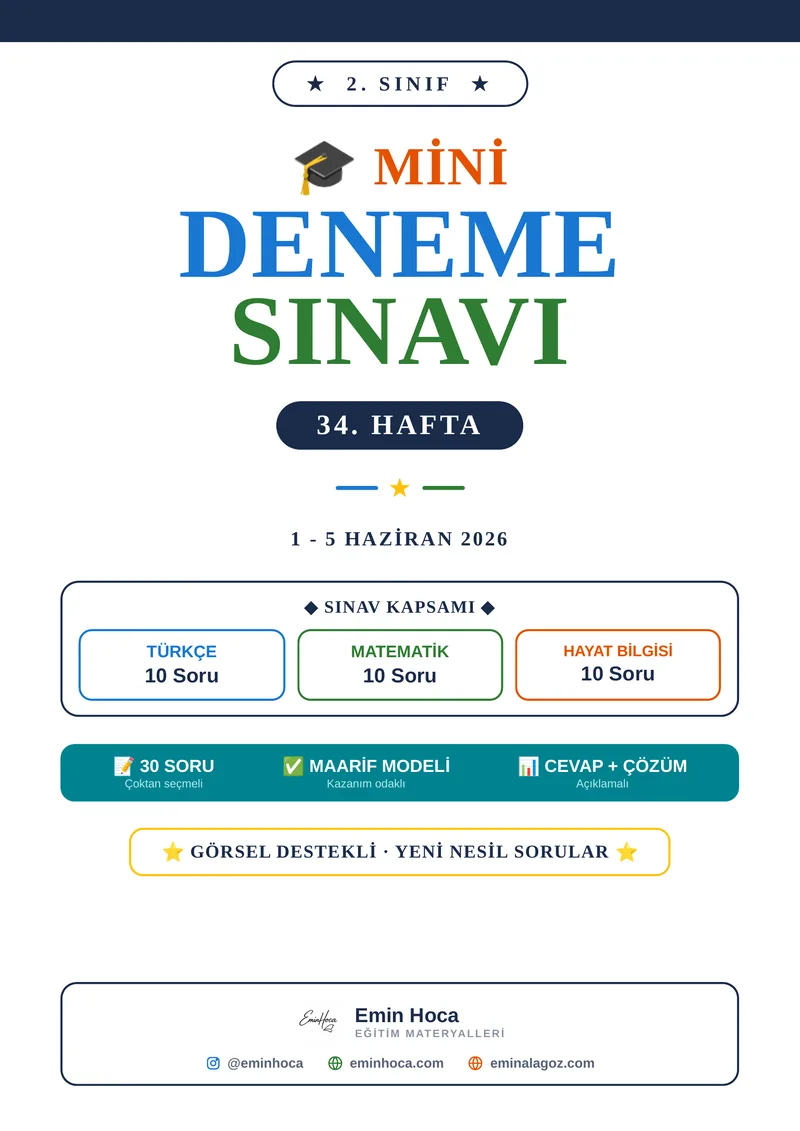 2. Sınıf 34. Hafta Mini Deneme Sınavı PDF İndir | Türkçe Matematik Hayat Bilgisi önizleme