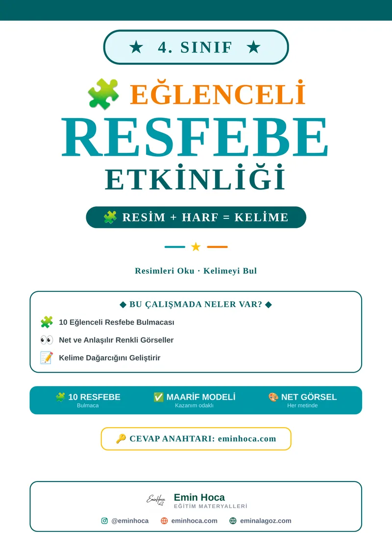 4. Sınıf Resfebe Etkinliği | Resimli Kelime Bulmacaları PDF (Maarif Modeli) önizleme