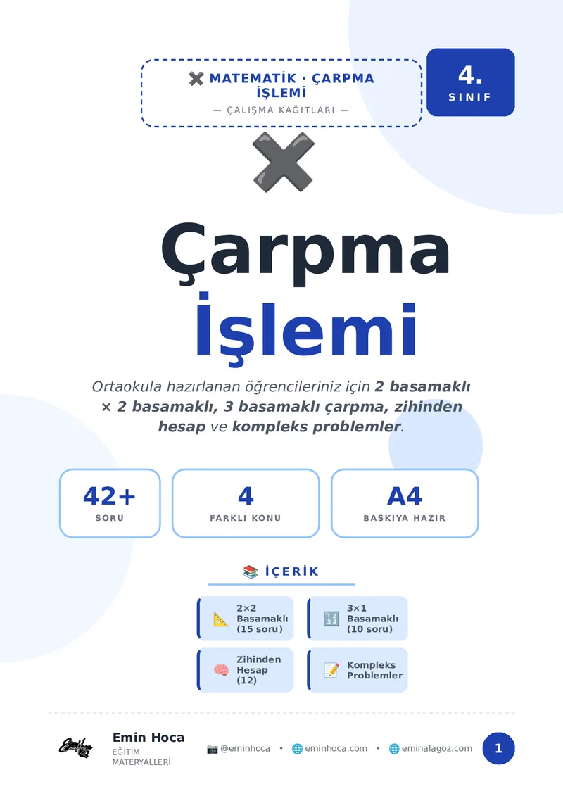 4.SINIF ÇARPMA İŞLEMİ ÇALIŞMA KAĞITLARI PDF İNDİR✖️ önizleme