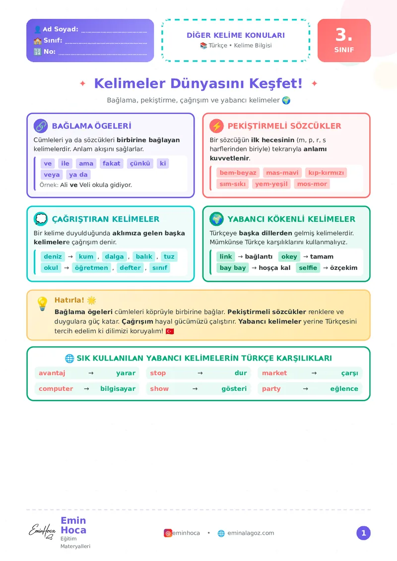 3. SINIF BAĞLAMA ÖĞELERİ, PEKİŞTİRMELİ SÖZCÜKLER, ÇAĞRIŞIM VE YABANCI KELİMELER ÇALIŞMA KAĞIDI PDF İNDİR önizleme