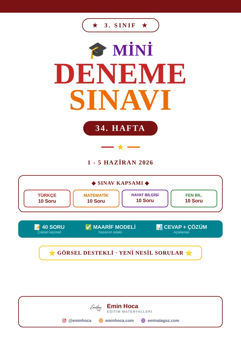 3. Sınıf 34. Hafta Mini Deneme Sınavı PDF İndir | Türkçe Matematik Hayat Bilgisi Fen Bilimleri önizleme