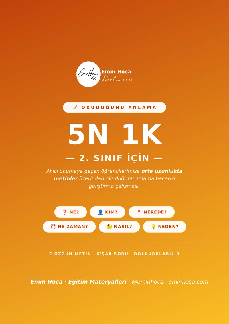 2. Sınıf 5N1K Etkinlikleri — 2 Özgün Metin + Okuduğunu Anlama Soruları önizleme