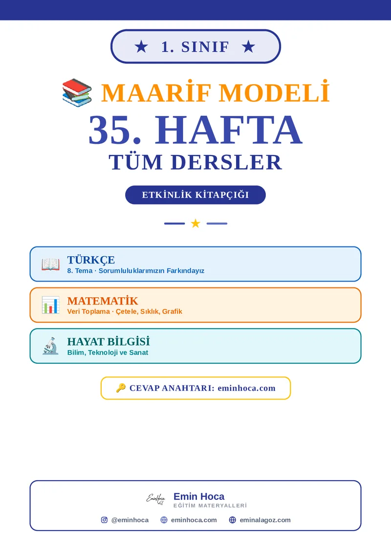 1. Sınıf 35. Hafta Tüm Dersler Etkinlik Kitapçığı PDF (Maarif Modeli) — Türkçe + Matematik + Hayat Bilgisi — PDF İndir önizleme