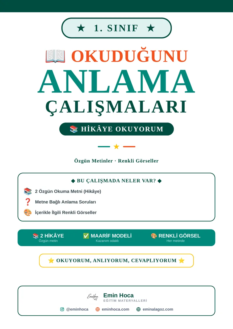 1. Sınıf Okuduğunu Anlama Çalışmaları | Özgün Metinler ve Renkli Görseller PDF (Maarif Modeli) önizleme