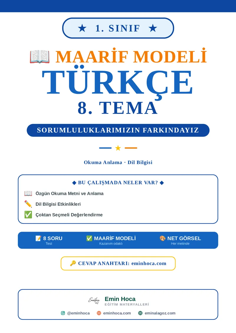 1. Sınıf Türkçe 8. Tema Etkinliği | Okuma Anlama + Dil Bilgisi + Test önizleme