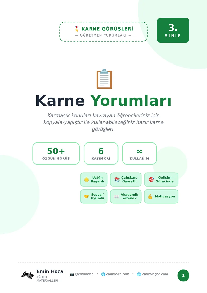 3. Sınıf Karne Görüşleri — 50+ Özgün Öğretmen Yorumu · Karne Notları önizleme