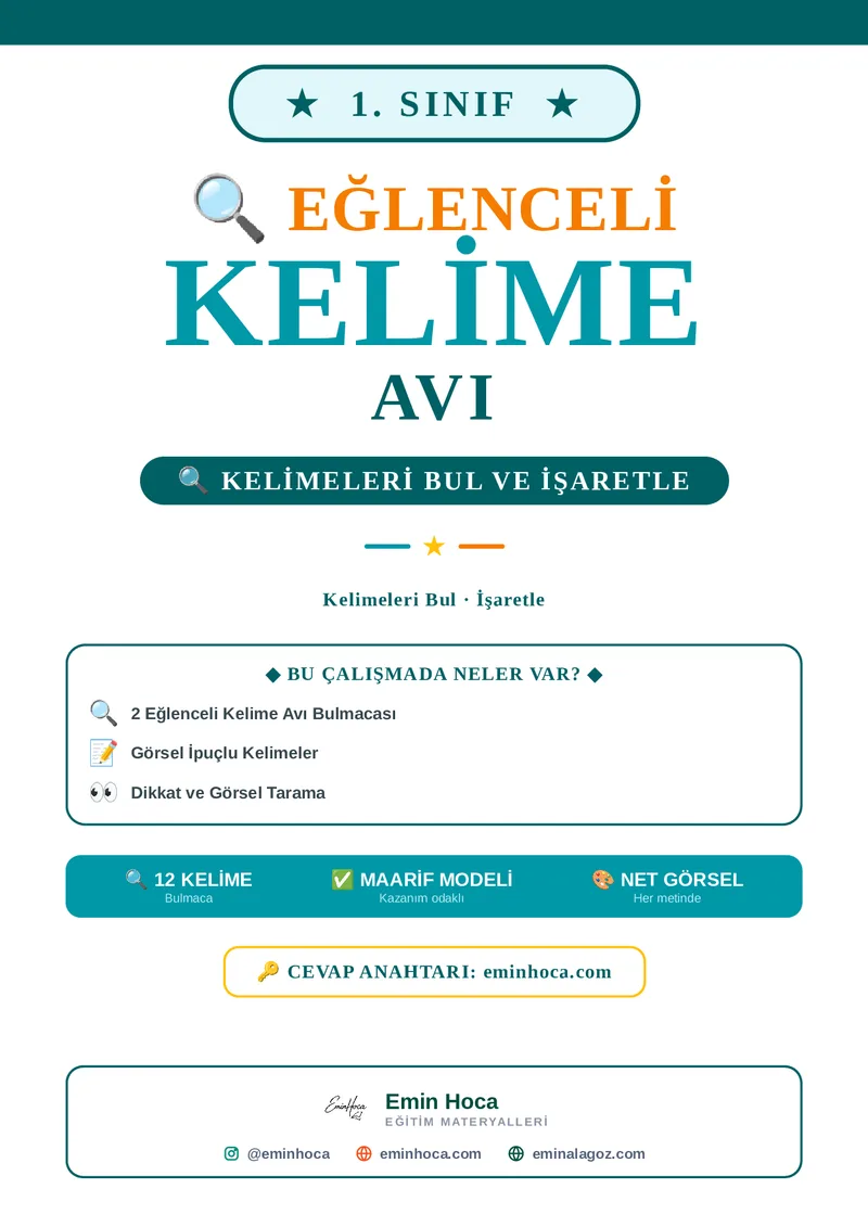1. Sınıf Kelime Avı Etkinliği | Görsel İpuçlu Harf Bulmacası PDF İndir önizleme