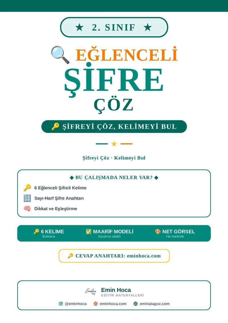 2. Sınıf Şifre Çöz Etkinliği | Sayı-Harf Şifreli Kelimeler PDF İndir önizleme