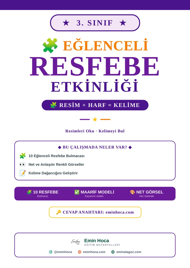 3. Sınıf Resfebe Etkinliği | Resimli Kelime Bulmacaları PDF (Maarif Modeli) önizleme