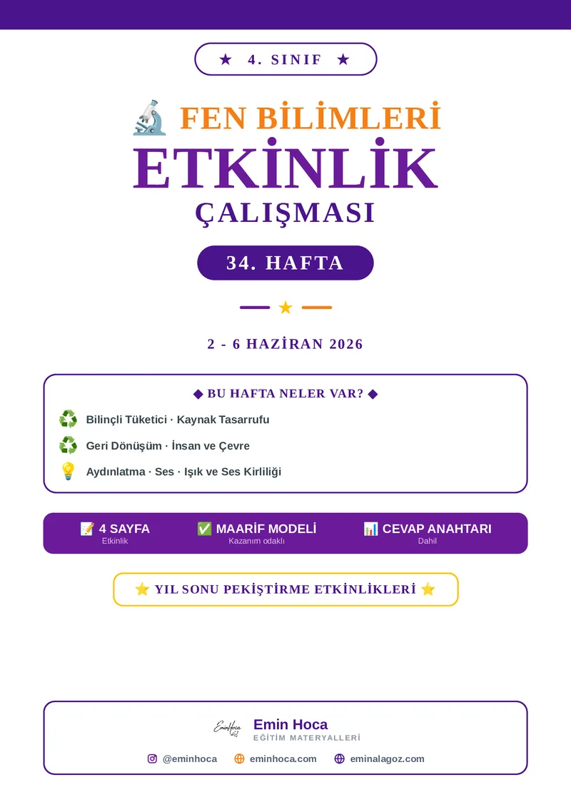 4. Sınıf Fen Bilimleri 34. Hafta Etkinlikleri | İnsan ve Çevre · Aydınlatma ve Ses PDF (Maarif Modeli, Cevap Anahtarlı) önizleme