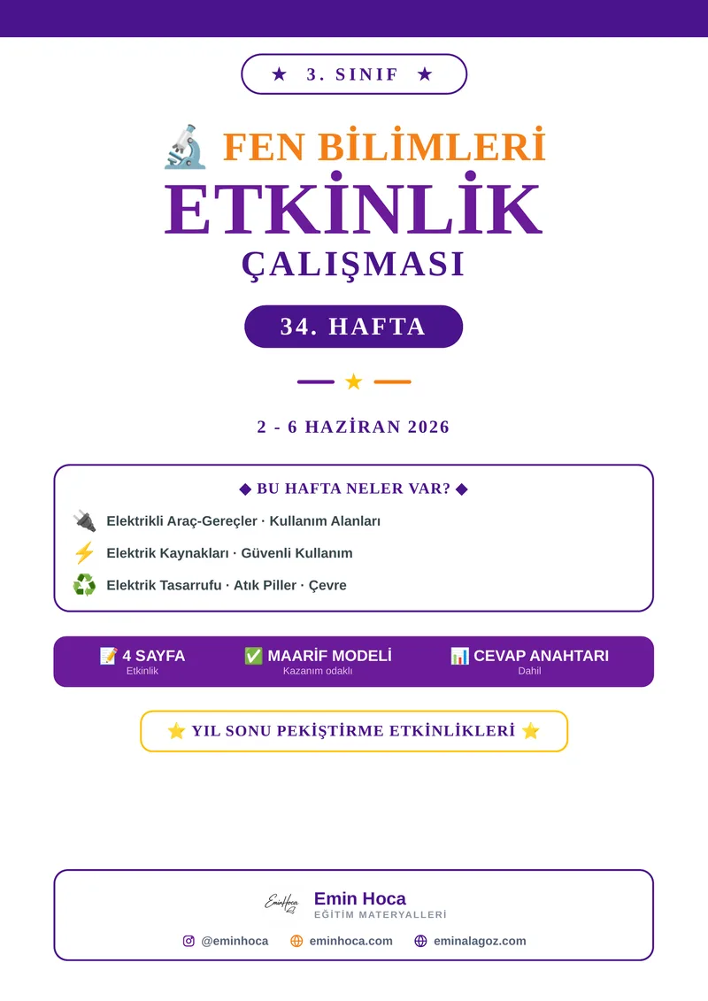 3. Sınıf Fen Bilimleri 34. Hafta Etkinlikleri | Yaşamımızdaki Elektrikli Araçlar PDF (Maarif Modeli, Cevap Anahtarlı) önizleme