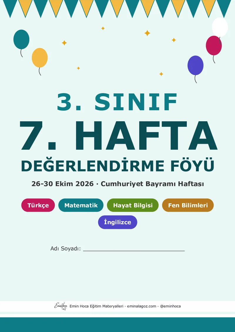 3. Sınıf 7. Hafta Tüm Dersler Yeni Nesil Test PDF — Türkçe + Matematik + Hayat Bilgisi + Fen Bilimleri + İngilizce Çoktan Seçmeli İndir önizleme