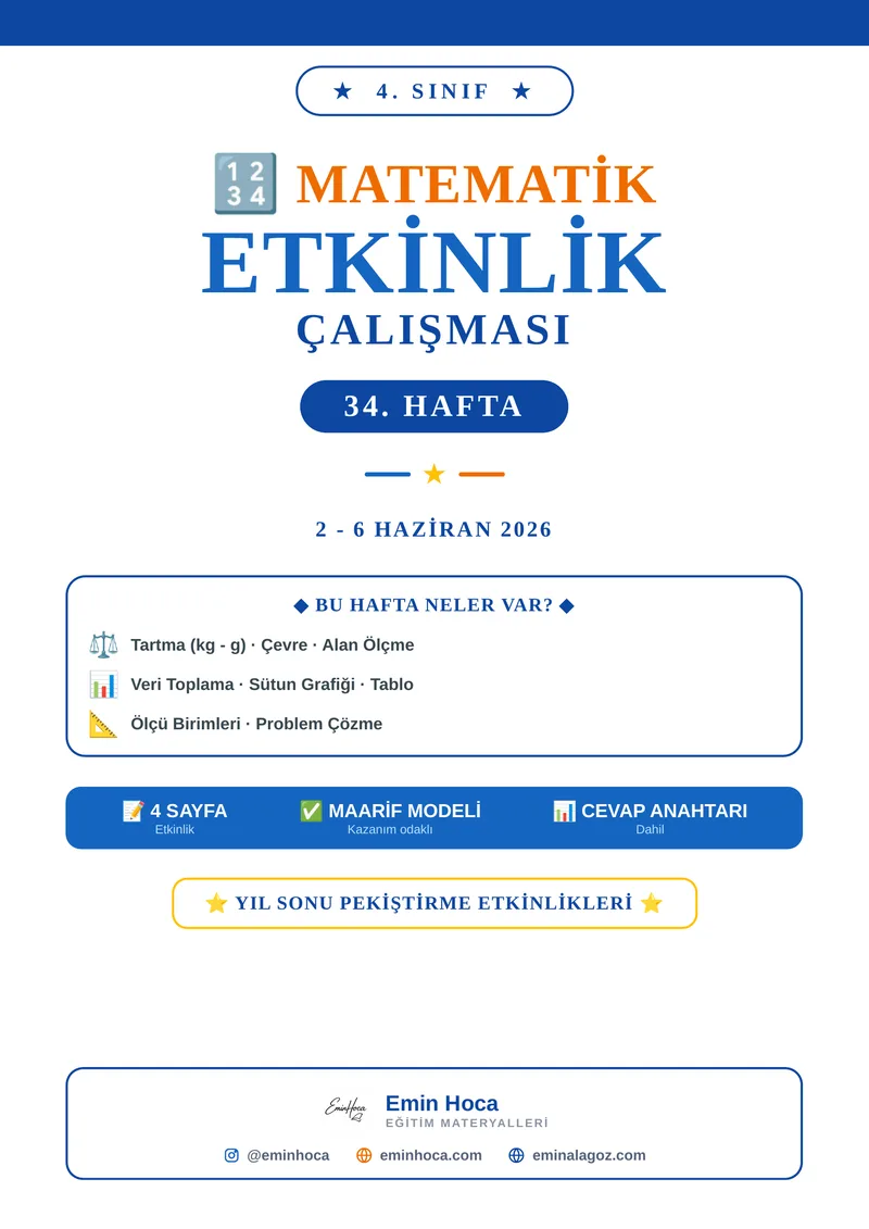 4. Sınıf Matematik 34. Hafta Etkinlikleri | Ölçme ve Veri İşleme PDF (Maarif Modeli, Cevap Anahtarlı) önizleme