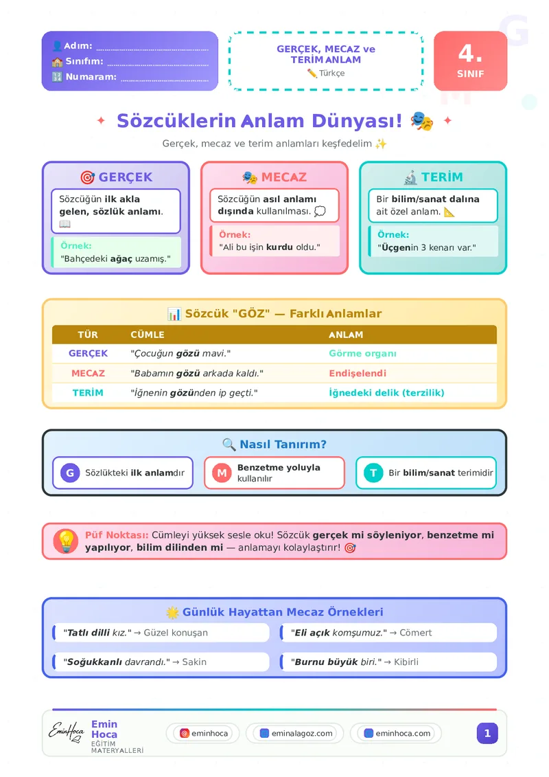 4. SINIF TÜRKÇE GERÇEK, MECAZ ve TERİM ANLAMLI KELİMLER KONU ANLATIMI VE ÇALIŞMA YAPRAĞI PDF İNDİR önizleme