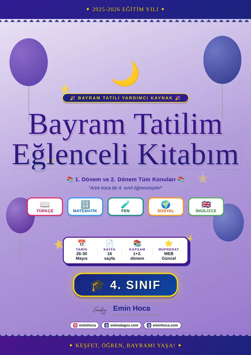 4.Sınıf Kurban Bayramı Tatil Kitabı — 2026 PDF İndir | Emin Hoca önizleme