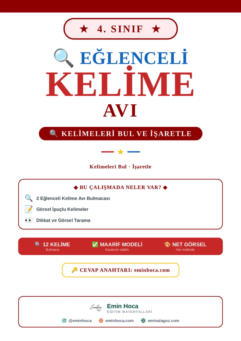 4. Sınıf Kelime Avı Etkinliği | 8 Yönlü Çapraz Görsel İpuçlu Harf Bulmacası PDF İndir önizleme