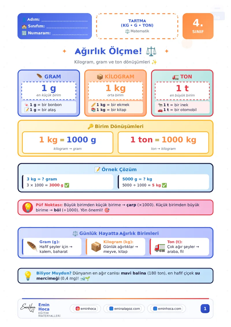 4. SINIF MATEMATİK TARTMA(KİLOGRAM, GRAM, TON) KONU ANLATIMI VE ÇALIŞMA YAPRAĞI PDF İNDİR önizleme