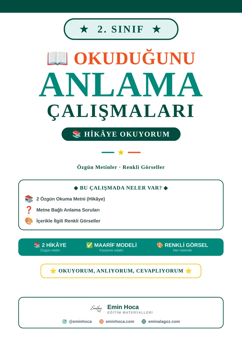2. Sınıf Okuduğunu Anlama Çalışmaları | Özgün Metinler ve Renkli Görseller PDF (Maarif Modeli) önizleme