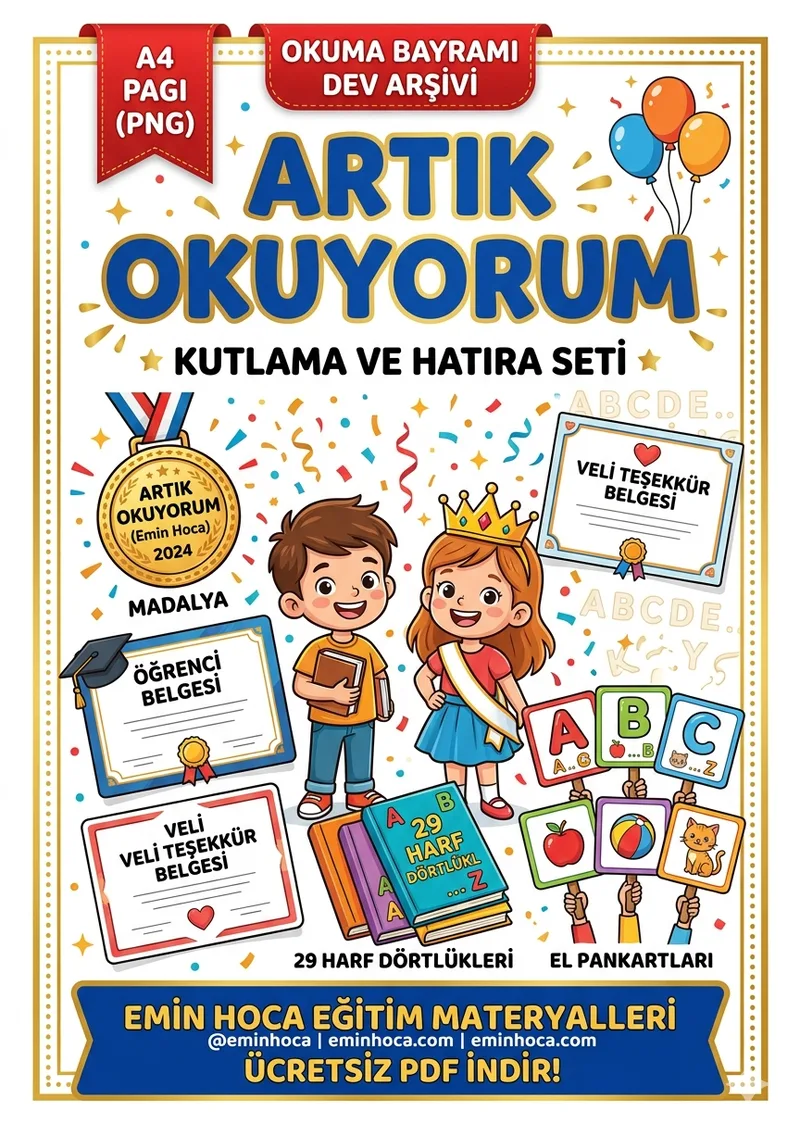 OKUMA BAYRAMI SETİ MADALYA, BELGELER, PANKART VE 29 HARF DÖRTLÜKLERİ PDF İNDİR önizleme