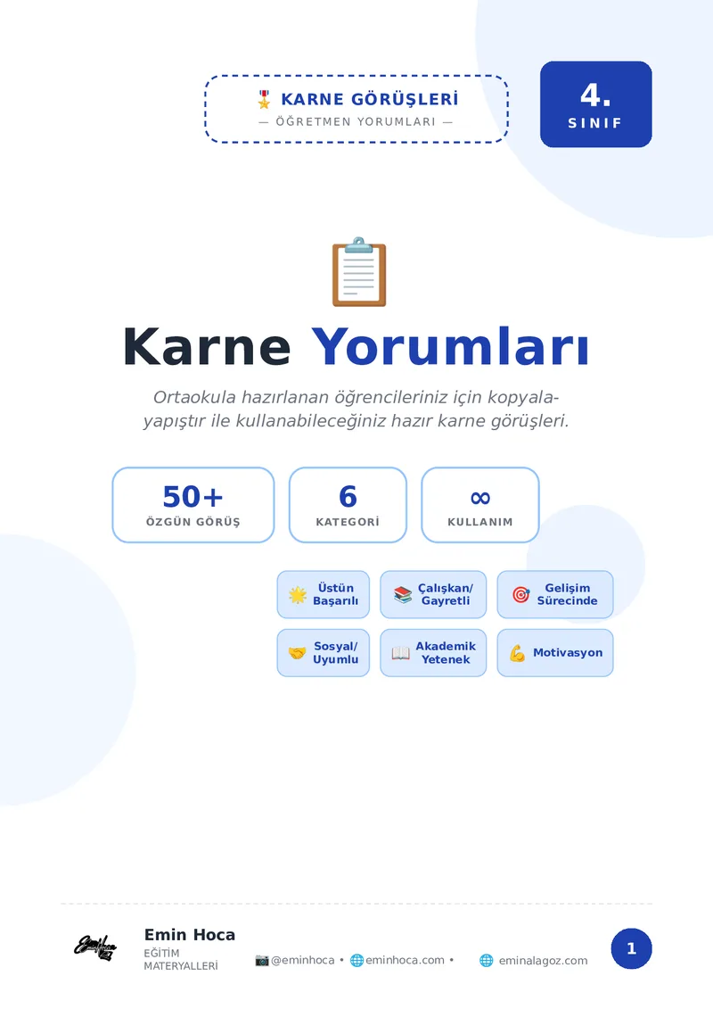 4. Sınıf Karne Görüşleri — 50+ Özgün Öğretmen Yorumu · Karne Notları önizleme