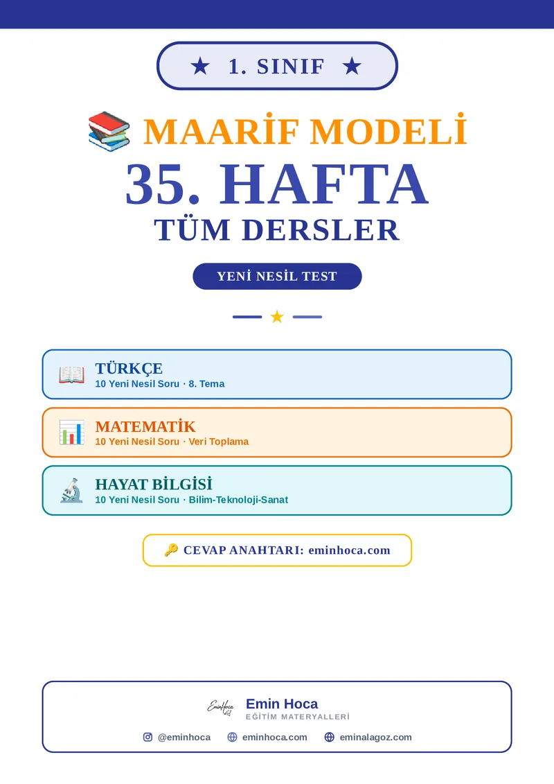 1. Sınıf 35. Hafta Tüm Dersler Yeni Nesil Test PDF — Türkçe + Matematik + Hayat Bilgisi Çoktan Seçmeli İndir önizleme