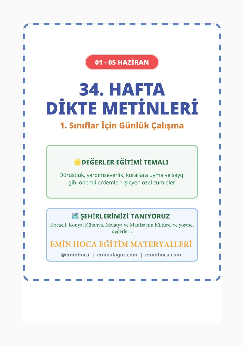 1.Sınıf 34. Hafta Günlük Dikte Cümleleri (01-05 Haziran) | Emin Hoca önizleme