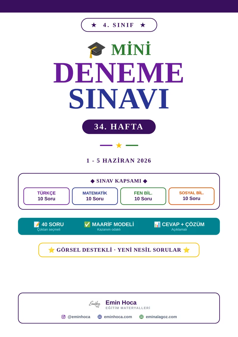 4. Sınıf 34. Hafta Mini Deneme Sınavı PDF İndir | Türkçe Matematik Fen Sosyal önizleme
