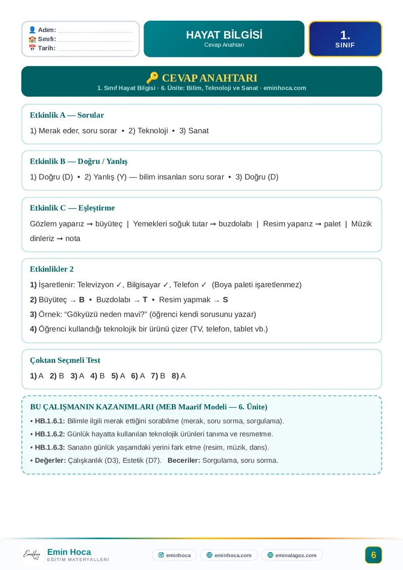 1. Sınıf Hayat Bilgisi 6. Ünite Bilim Teknoloji ve Sanat Etkinlik + Test PDF CEVAP ANAHTARI İndir önizleme