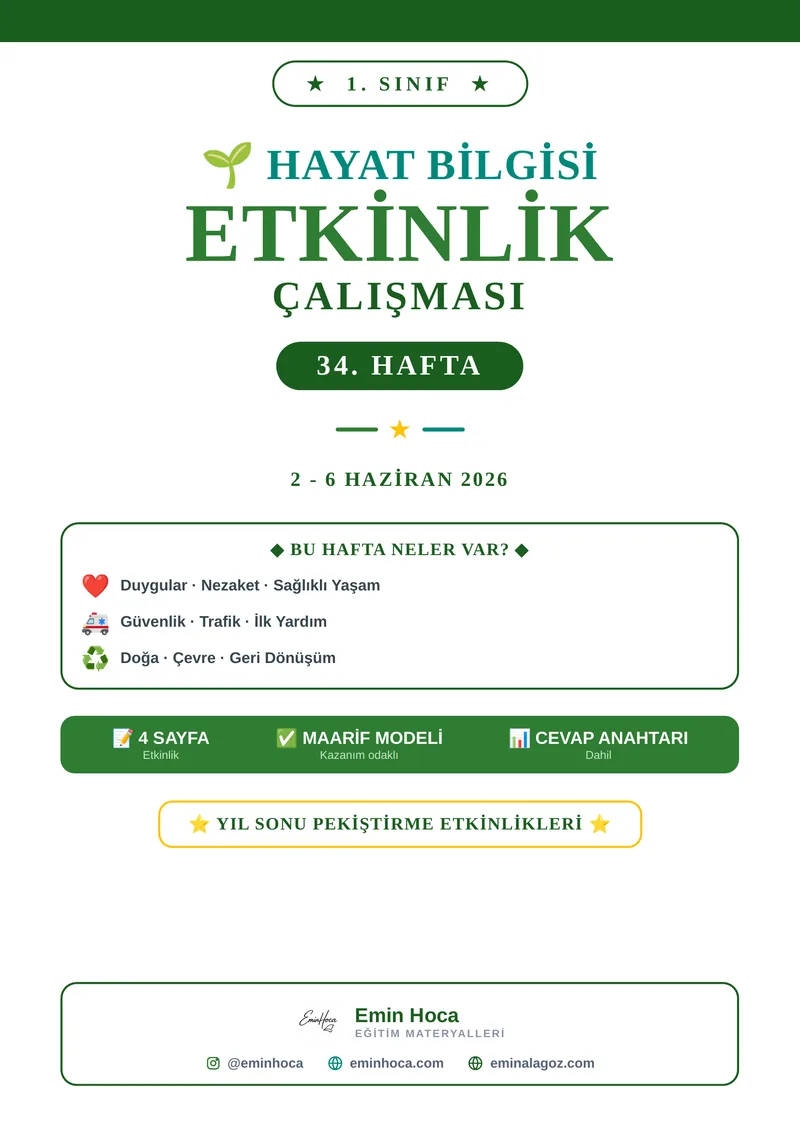 1. Sınıf Hayat Bilgisi 34. Hafta Etkinlikleri | Yıl Sonu Pekiştirme PDF (Maarif Modeli, Cevap Anahtarlı) önizleme