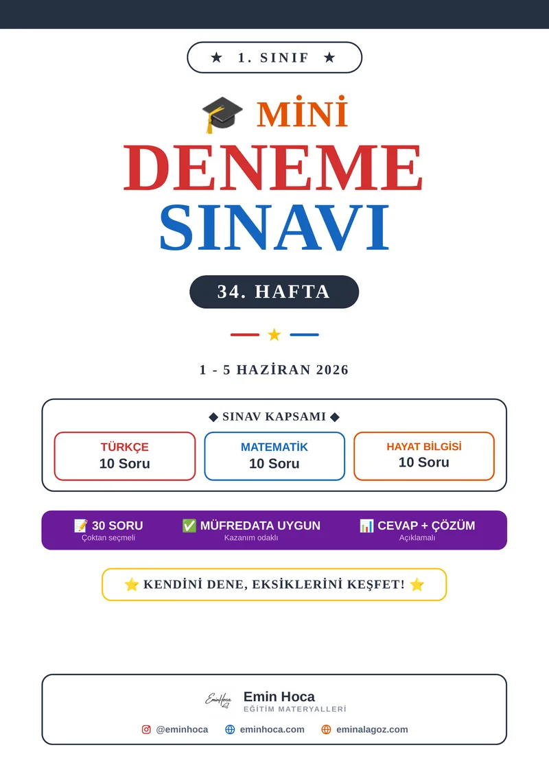 1. Sınıf 34. Hafta Mini Deneme Sınavı PDF İndir | Türkçe Matematik Hayat Bilgisi önizleme