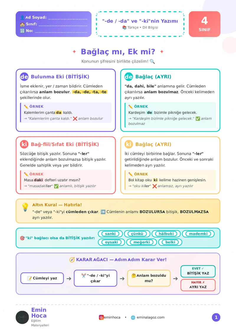 3. VE 4. SINIF de, da, ki BAĞLACI KONU ANLATIMI VE ÇALIŞMA KAĞIDI VE TEST PDF İNDİR önizleme