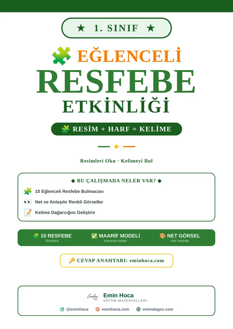 1. Sınıf Resfebe Etkinliği | Resimli Kelime Bulmacaları PDF (Maarif Modeli) — Cevap Anahtarı eminhoca.com'da önizleme