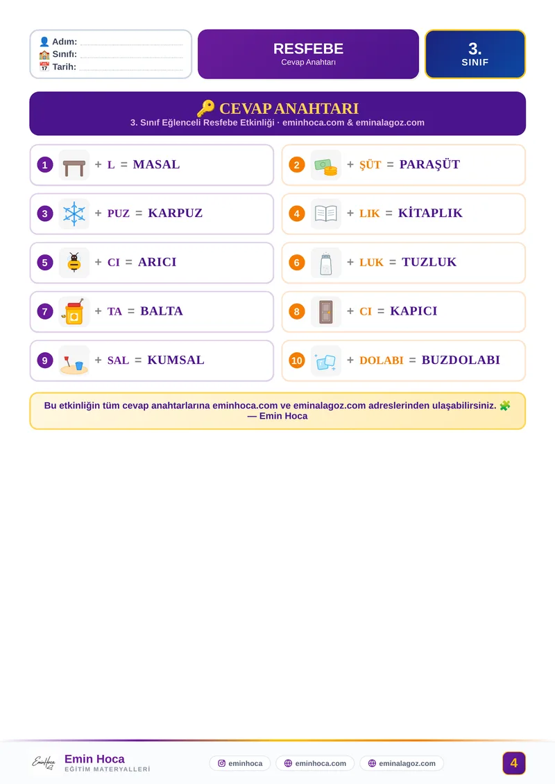 3. Sınıf Resfebe Etkinliği | Resimli Kelime Bulmacaları PDF (Maarif Modeli) — CEVAP ANAHTARI önizleme