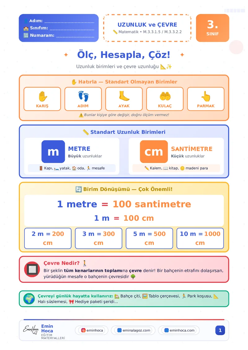 3.SINIF MATEMATİK UZUNLUK VE ÇEVRE ÖLÇME KONU ANLATIMI VE ÇALIŞMA YAPRAĞI PDF İNDİR önizleme