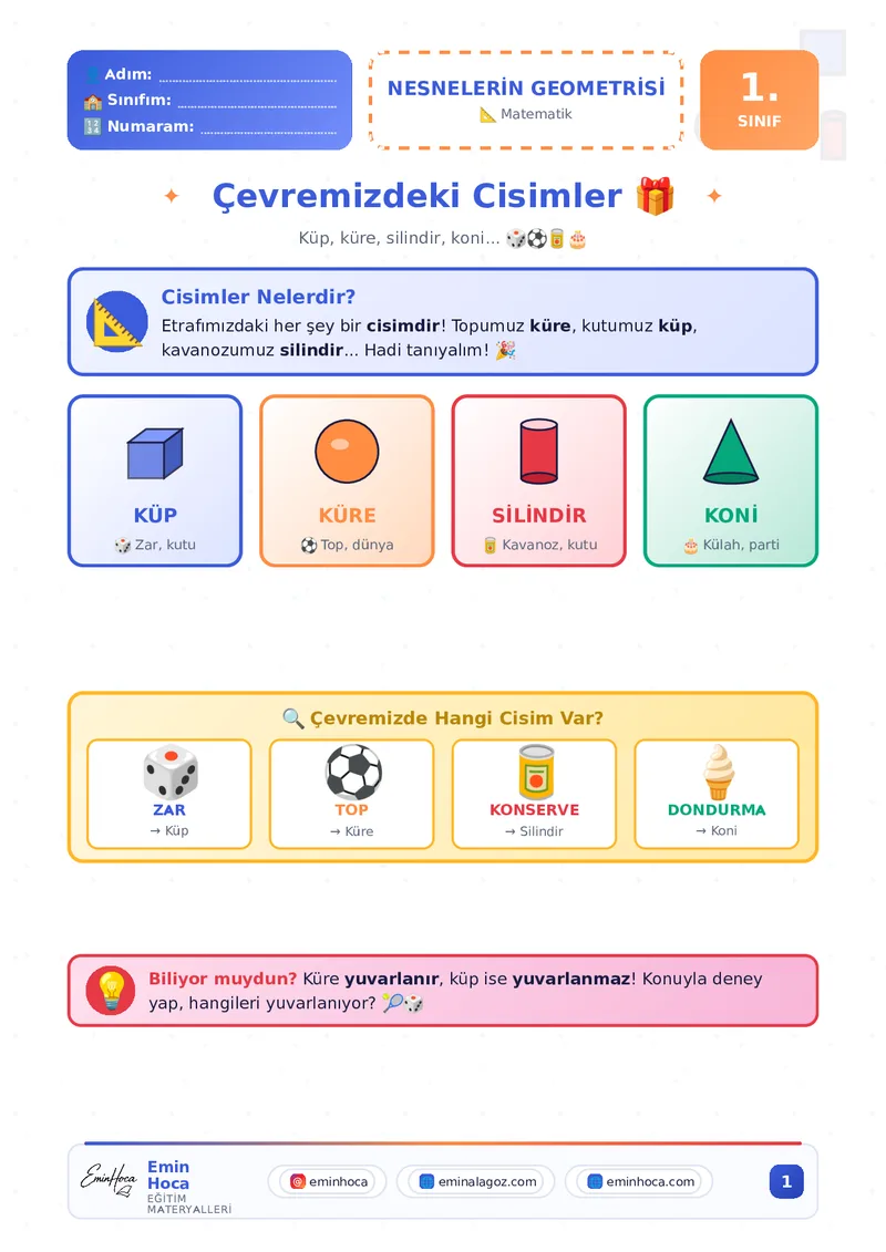 1. SINIF MATEMATİK DERSİ NESNELERİN GEOMETRİSİ VE GEOMETRİK CİSİMLER KONU ANLATIMI VE ETKİNLİKLERİ PDF İNDİR önizleme