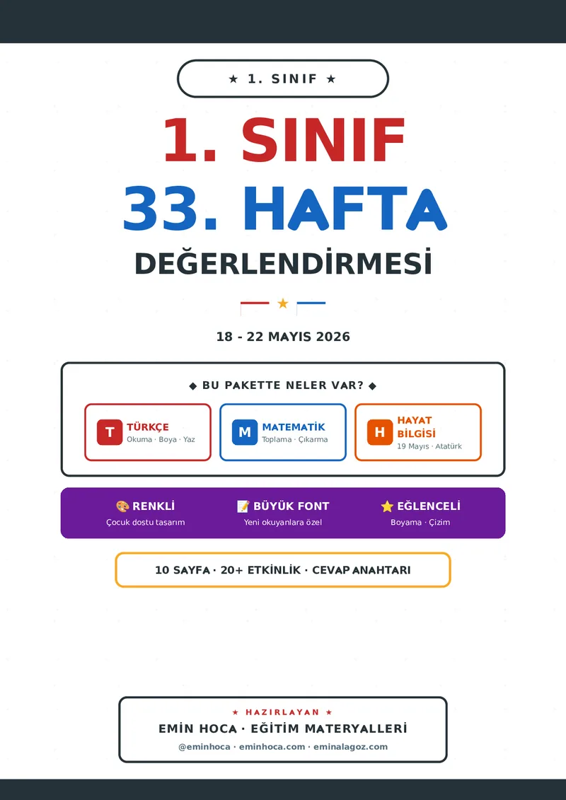 🎯 1. Sınıf 33. Hafta Haftalık Değerlendirme | Türkçe-Matematik-Hayat Bilgisi | 19 Mayıs Özel | 10 Sayfa önizleme