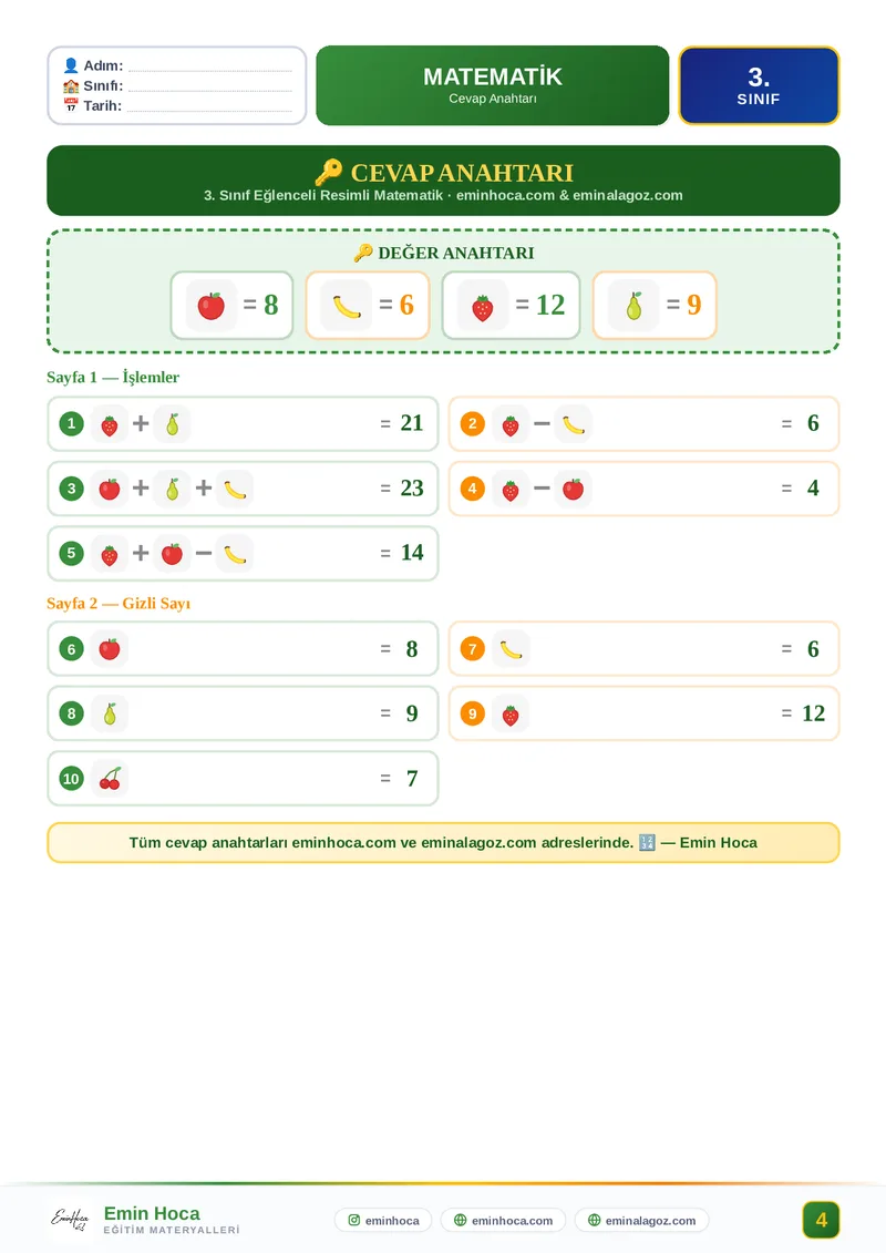 3. Sınıf Resimli Matematik Etkinliği | Toplama Çıkarma Çarpma Görselli Problemler PDF — CEVAP ANAHTARI İndir önizleme