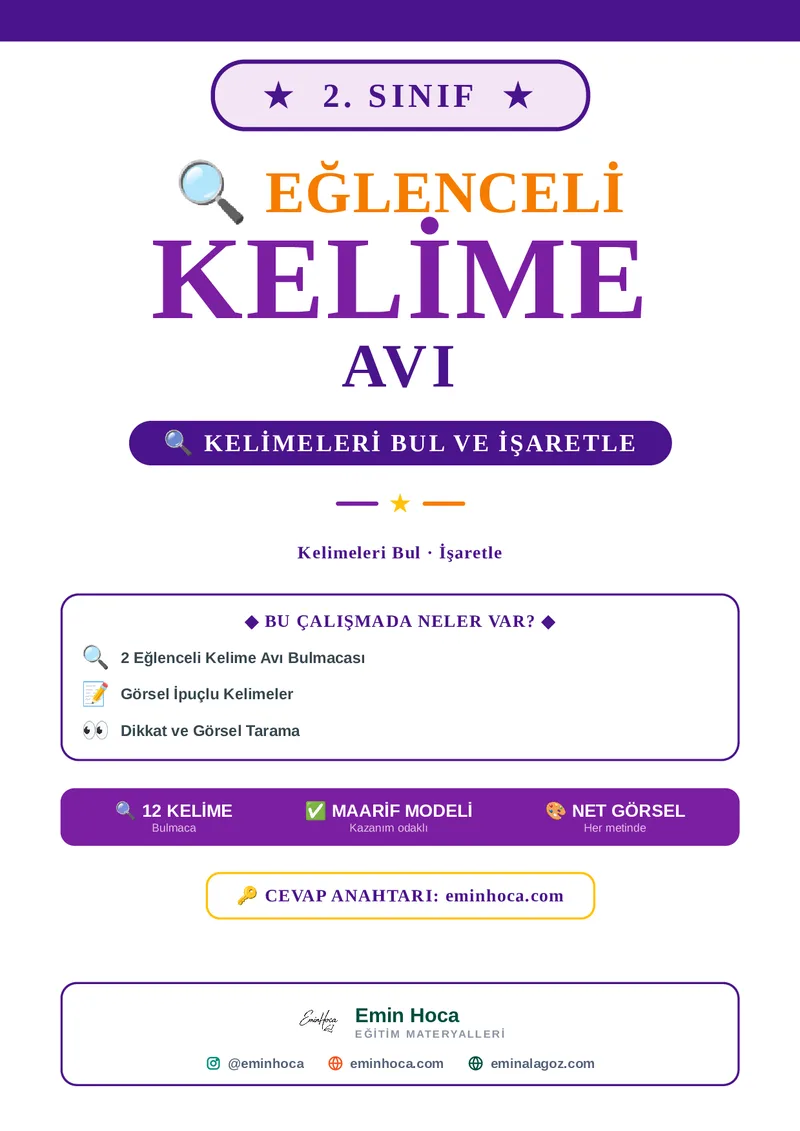 2. Sınıf Kelime Avı Etkinliği | Görsel İpuçlu Harf Bulmacası PDF İndir önizleme