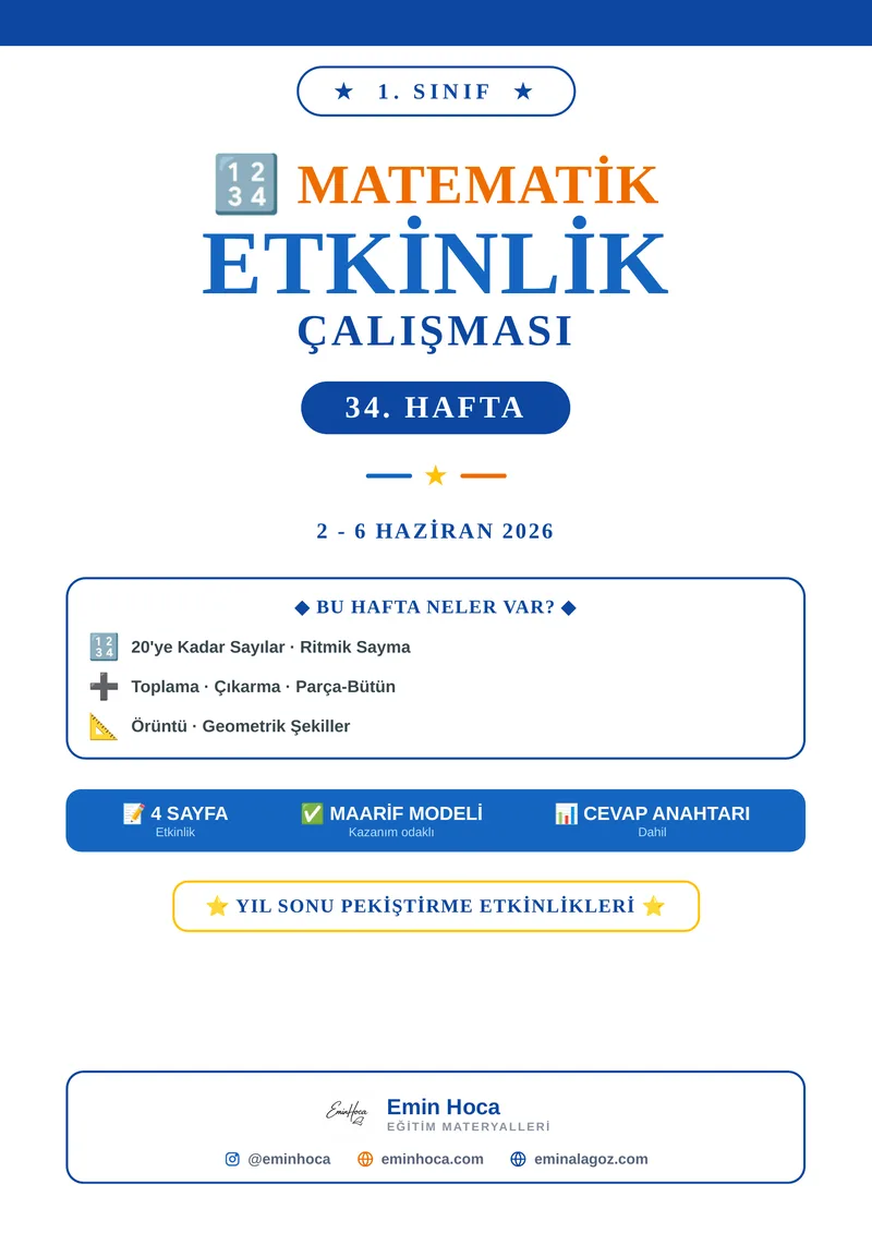 1. Sınıf Matematik 34. Hafta Etkinlikleri | Yıl Sonu Pekiştirme PDF (Maarif Modeli, Cevap Anahtarlı) önizleme